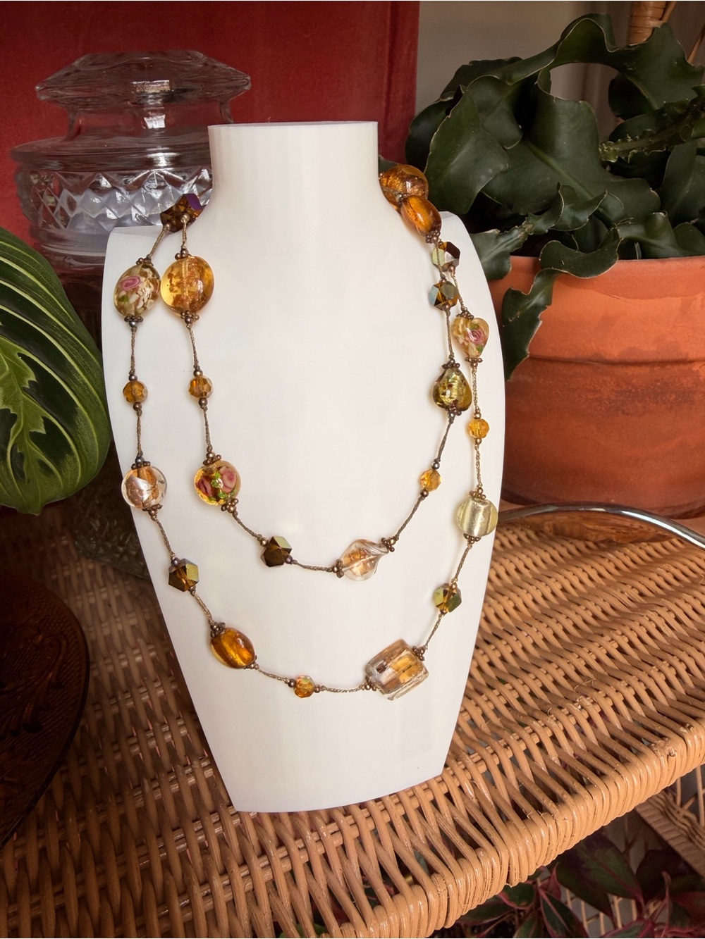 Vintage Amber Glass Bead Necklace - Iridescent stones!